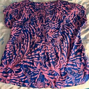Lilly Pulitzer silk Vibrant Pink and Blue Women's Top with vneck size med
